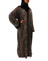 Embroidered Neda abaya with V-neck and crossover panel, front view
