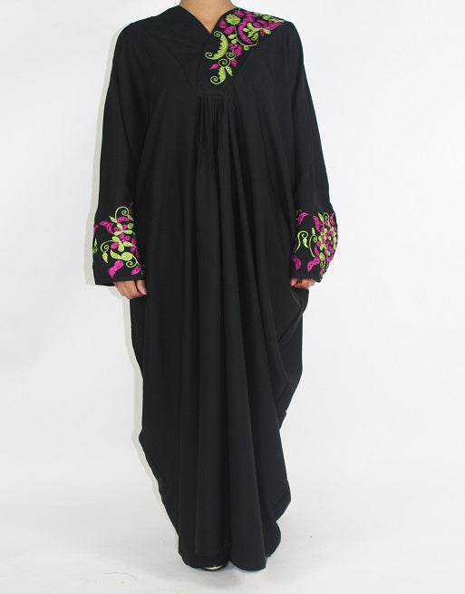Floral embroidered abaya with colourful detailing, front view