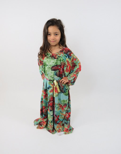 Detachable belt detail on Amani's green floral kids maxi dress