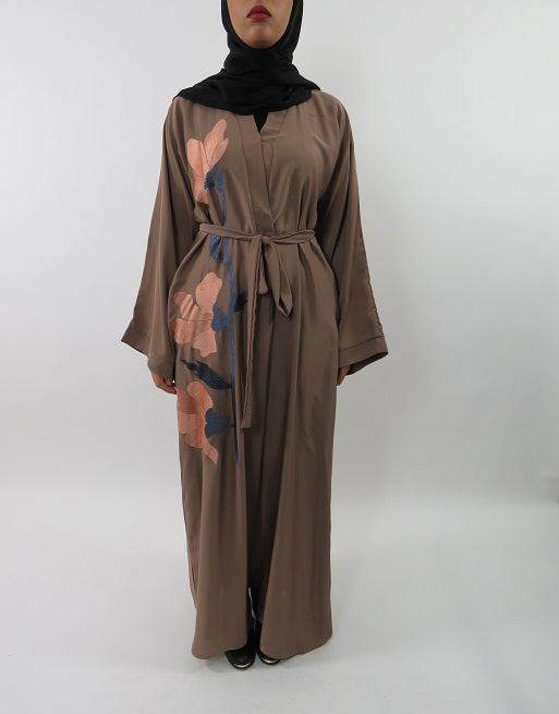 Taupe floral embroidered open abaya with belt, front view
