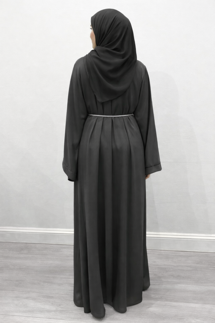 Fossil gray abaya shown with its matching hijab and belt