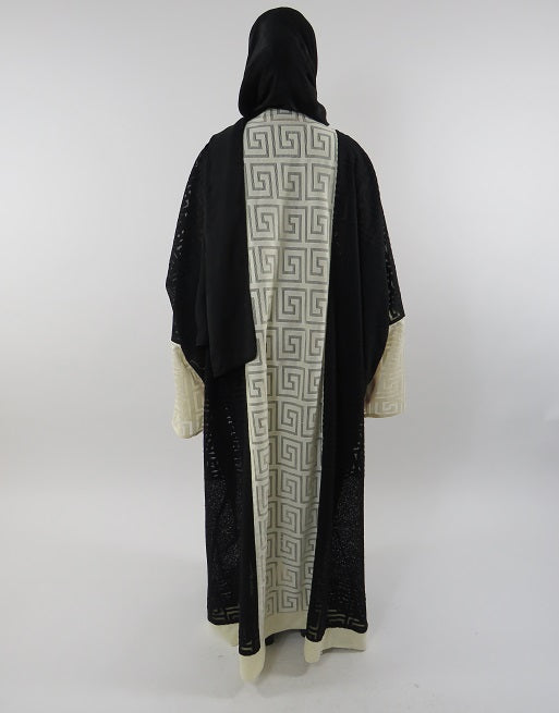 Open maxi kimono coat layered over a black abaya