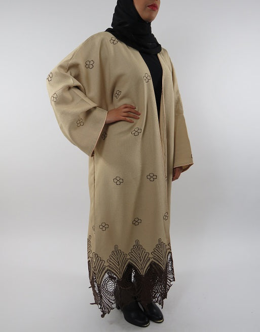 Open-front maxi kimono jacket layered over an outfit