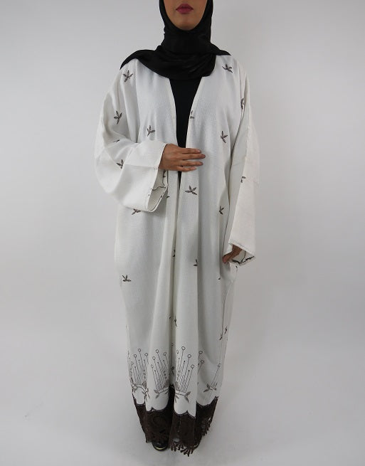 White full-length maxi kimono jacket, front view