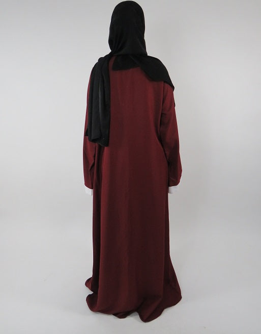 Red full-length kimono jacket, side view