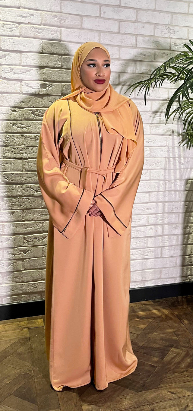 Gold zip-front open abaya jacket, front view