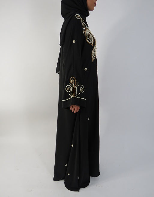 Gold and black beaded Neda abaya, full length