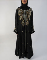 Gold and black beaded occasion open abaya, front view