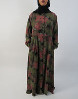 Green floral open cotton shirt maxi dress, front view