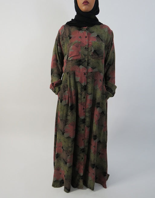 Green floral open cotton shirt maxi dress, front view