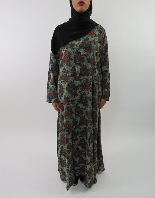 Green floral printed cotton long-sleeve maxi dress, front view