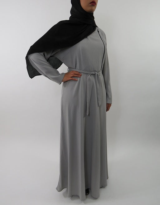 Biker-style zip detail on the grey collared maxi dress