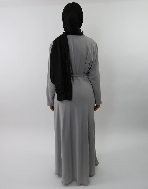 Back view of Amani's grey collared long-sleeve maxi dress