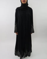Black heavy beaded open abaya jacket with V-neck and crossover panels, front view