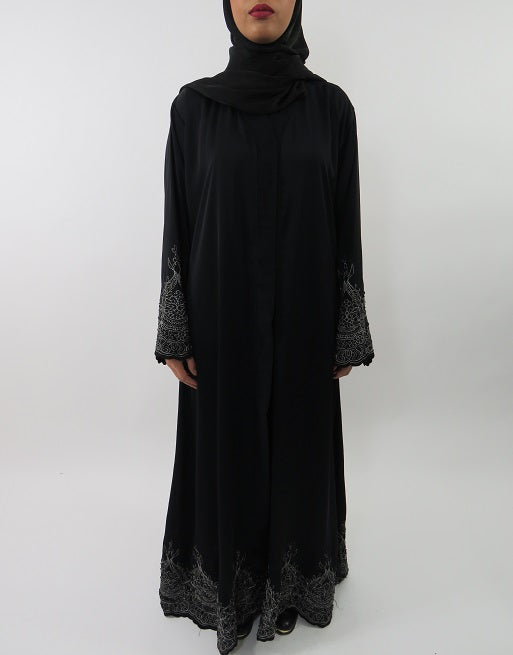 Black heavy beaded open abaya jacket with V-neck and crossover panels, front view