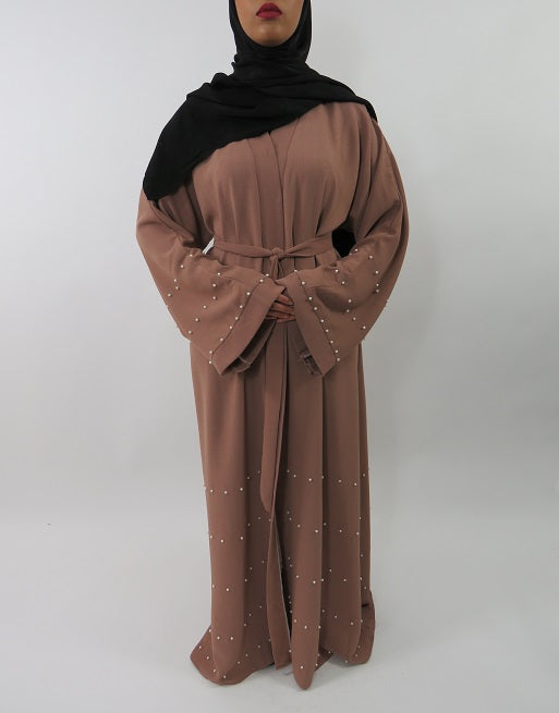 Light brown open abaya showing pearl detailing and crossover panels