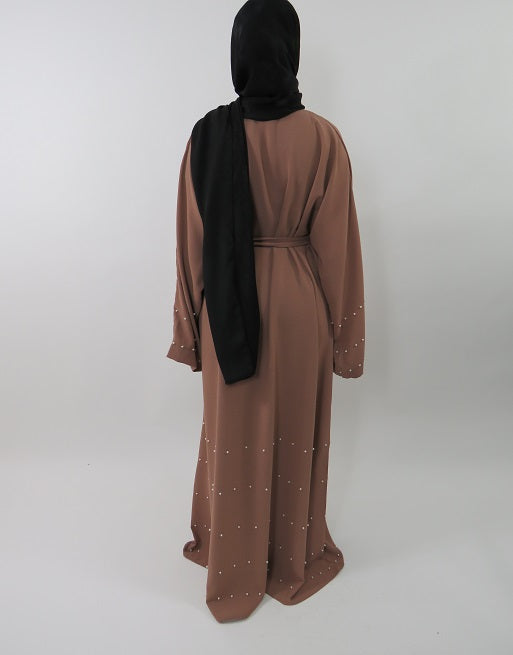 Pearl-embellished open abaya, styling view