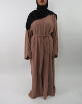 Light brown pearl-embellished open abaya, front view