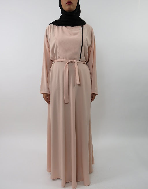 Amani's collared long sleeve maxi dress with biker style zip front view