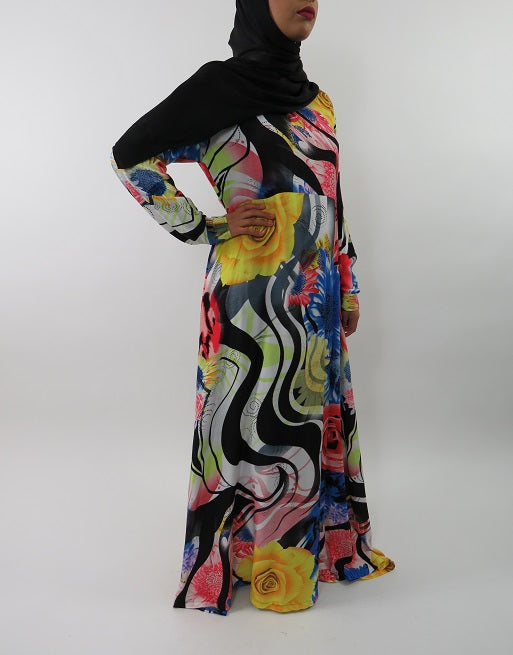 Blue multicoloured rose print maxi dress with long sleeves