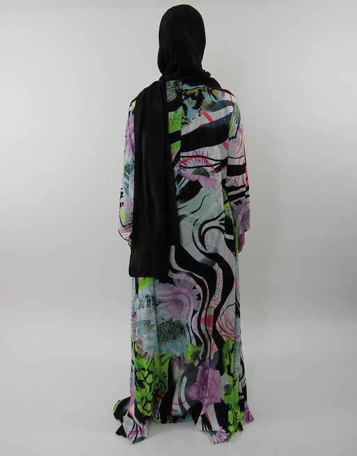 Green multicoloured rose print maxi dress with long sleeves