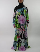 Amani's green rose print long sleeve A-line maxi dress front view