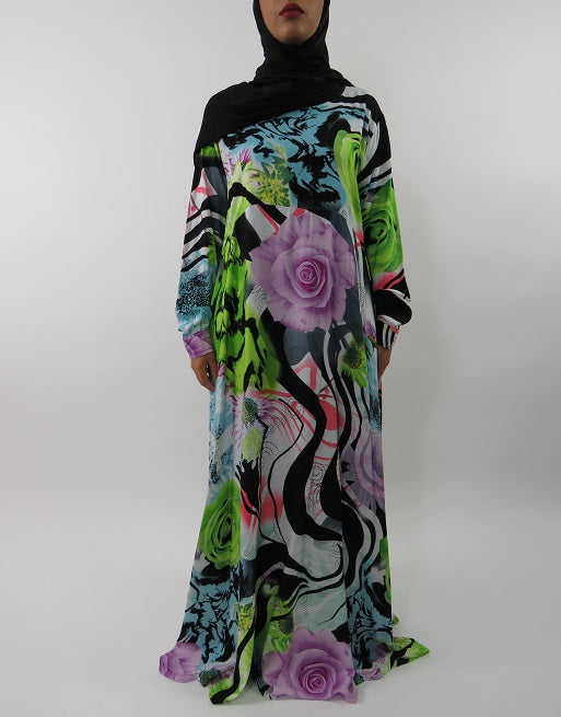 Amani's green rose print long sleeve A-line maxi dress front view