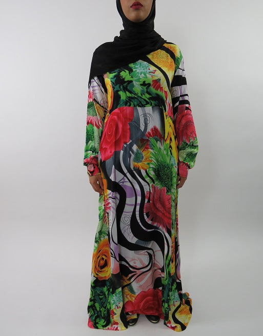 Multi-colour rose print A-line maxi dress, front view
