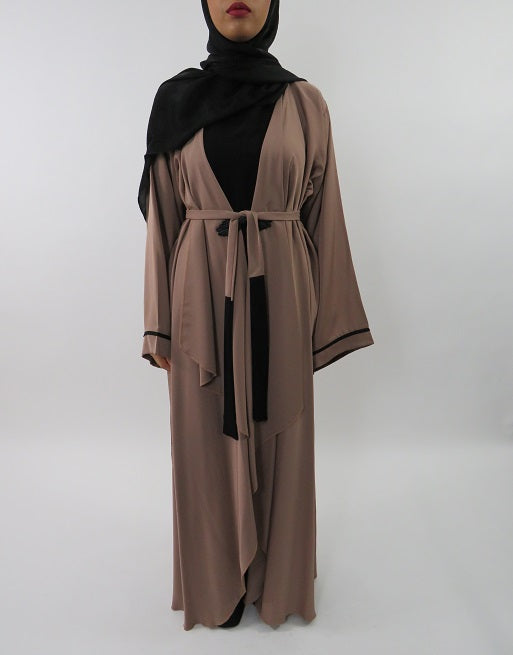 Silky Neda open abaya with two-tone drape front, front view