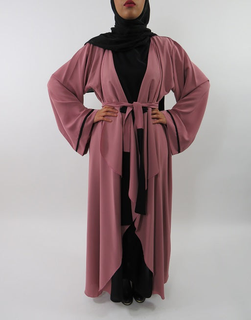 Open abaya jacket styled with a belt at the waist