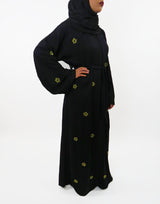 Black open abaya with matching hijab, front view