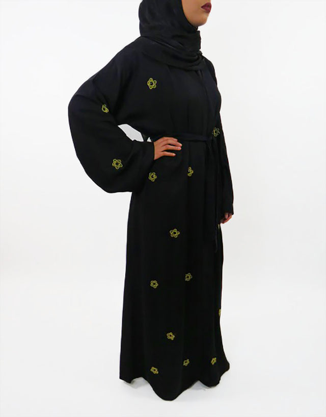 Black open abaya with matching hijab, front view