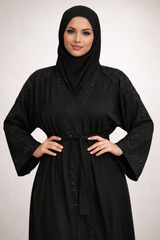 Black open abaya jacket with shoulder embellishment, front view