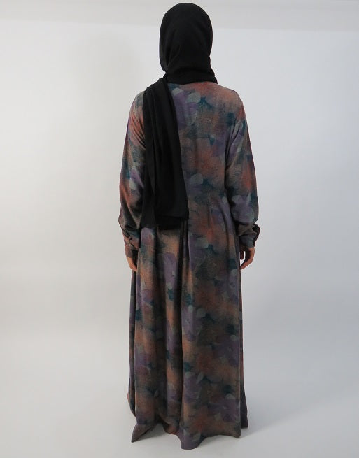 Purple long sleeve modest maxi dress styled open as a layer