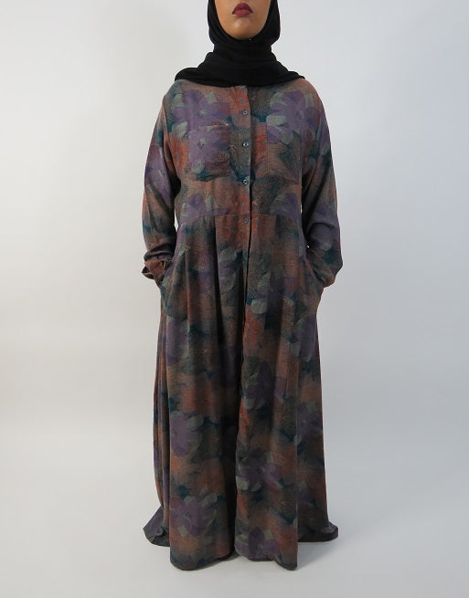 Amani's purple long sleeve open maxi dress with button front front view