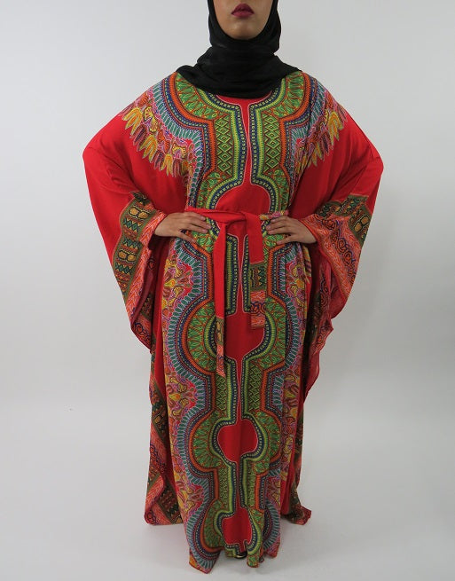 Red cotton kaftan maxi dress with self-tie belt, side view