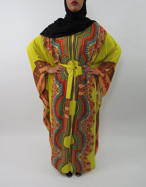 Yellow cotton kaftan maxi dress with self-tie belt, side view