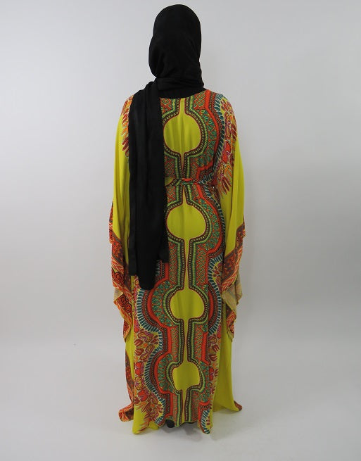 African-inspired print detail on the yellow cotton kaftan dress