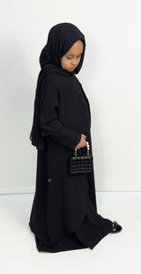 Girls' black three piece open abaya set, front view