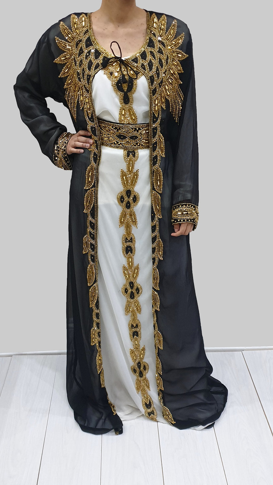 Black gold and cream Moroccan kaftan with crystal beadwork