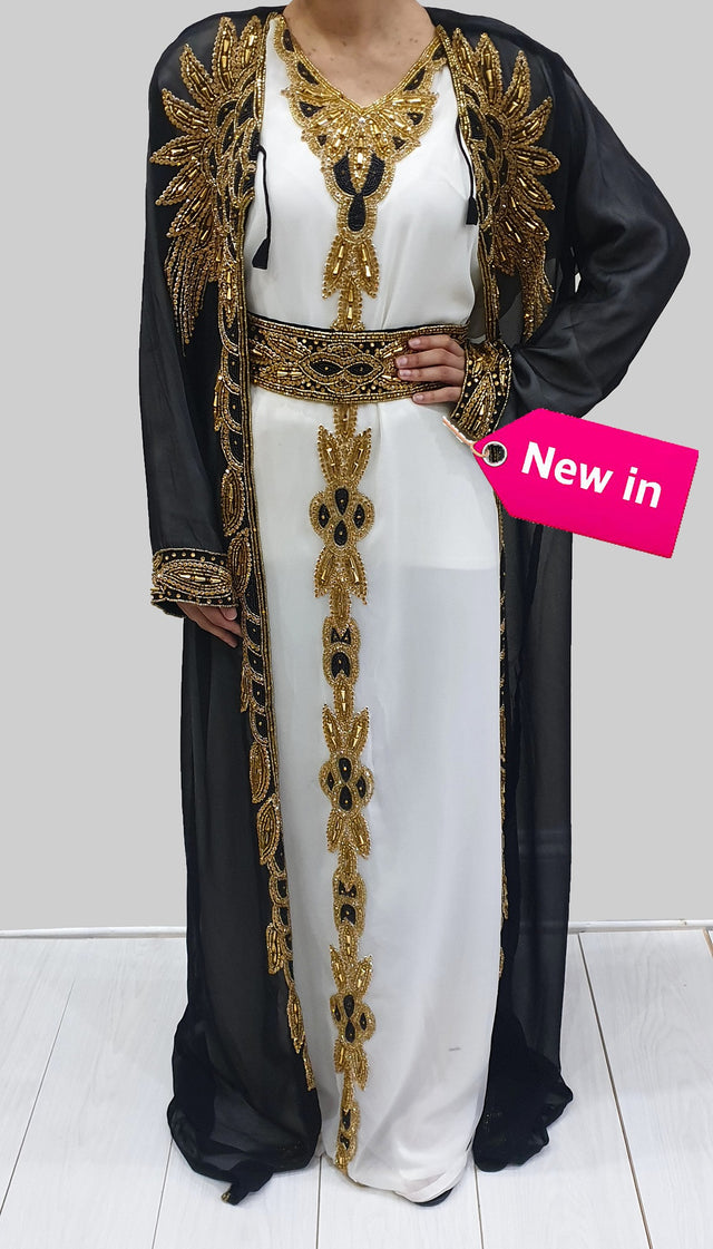 Saadat black and gold beaded Moroccan kaftan front view