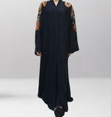 Najad black and orange embroidered open abaya front view