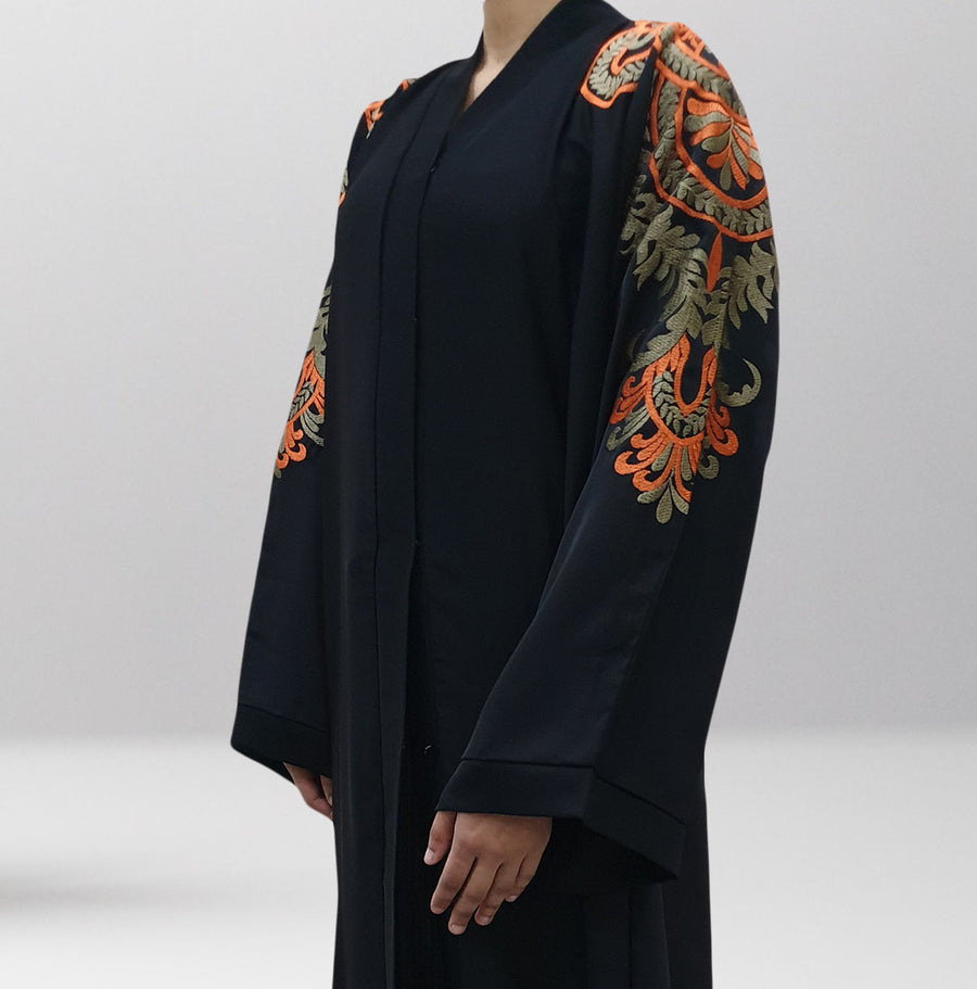 Black open abaya with orange floral embroidery on the back