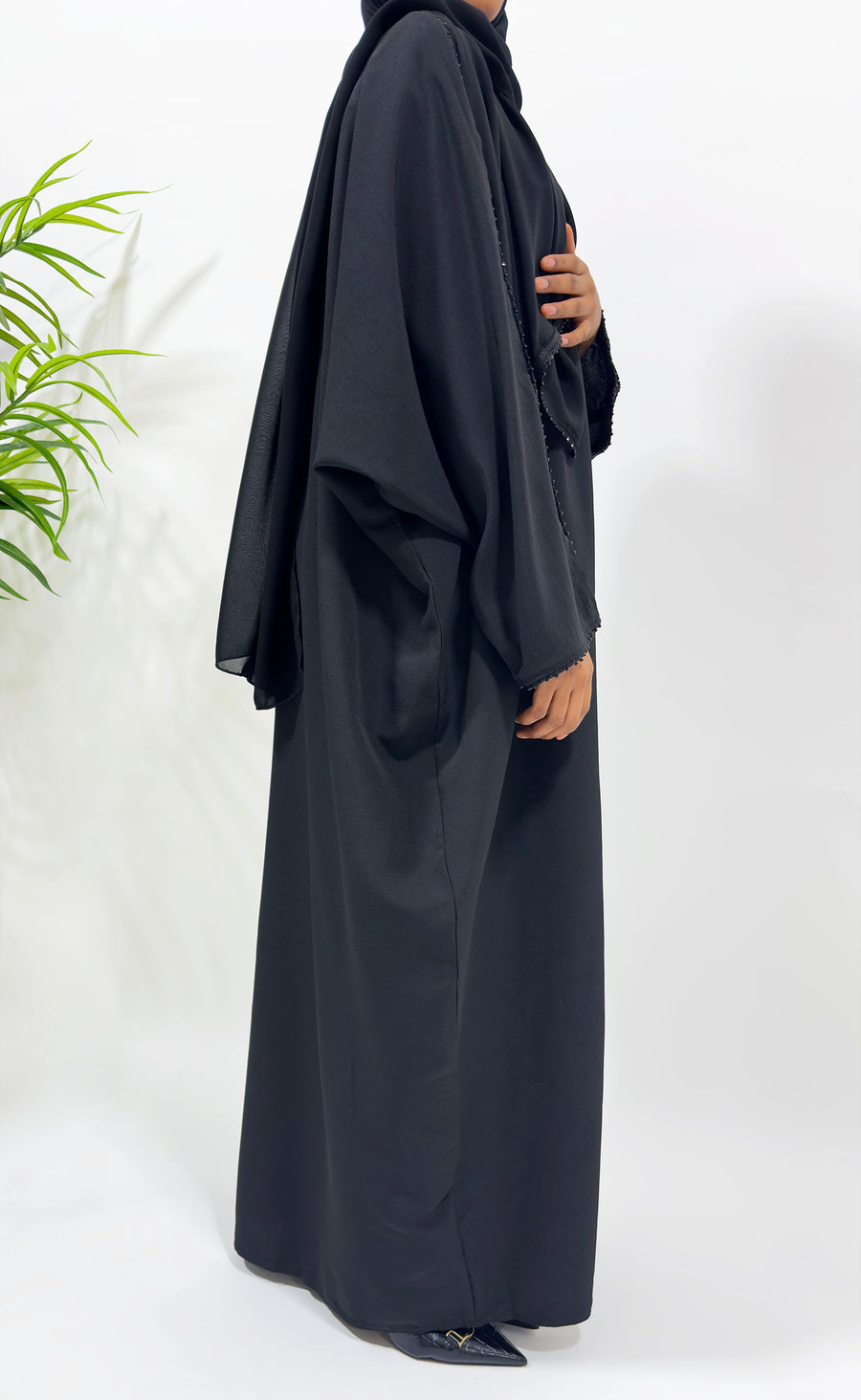 Full-length view of the ash black open abaya with matching hijab