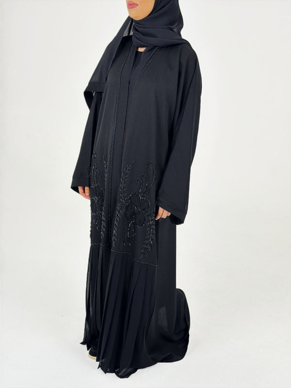 Black embellished open abaya with hand-stitched front beading, front view