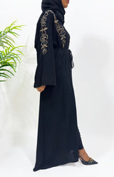 Black hand embellished open abaya with black and grey beadwork, front view