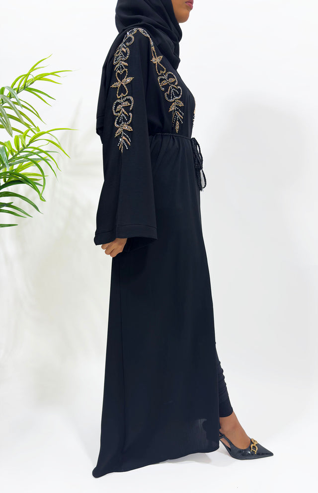 Black hand embellished open abaya with black and grey beadwork, front view