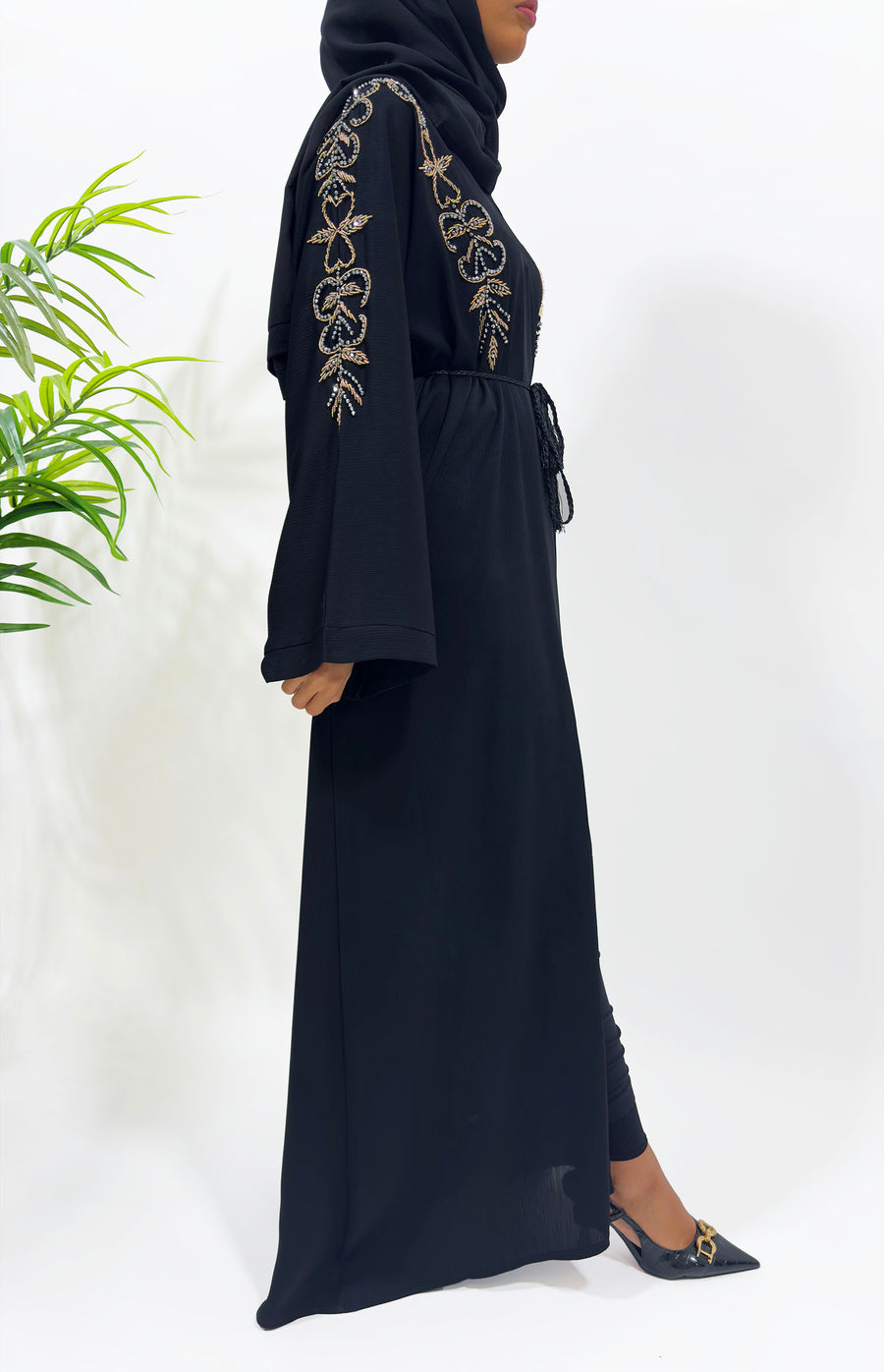 Black hand embellished open abaya with black and grey beadwork, front view
