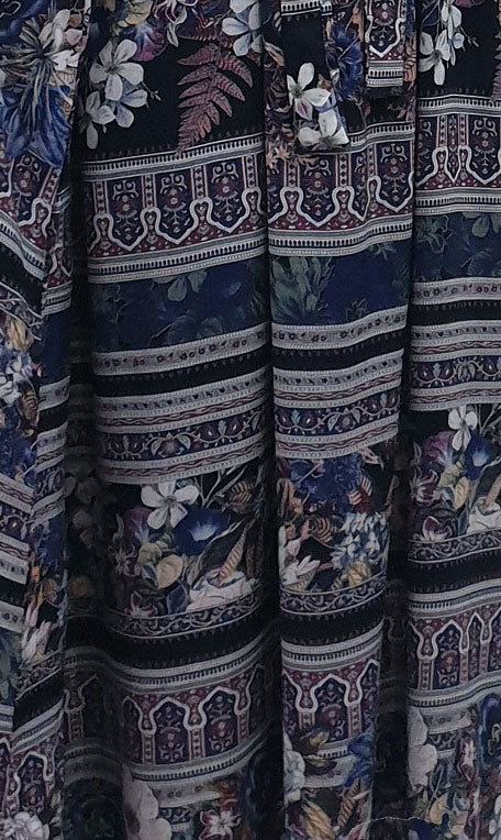 Bow collar and print detail on the blue cotton maxi dress