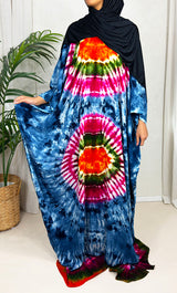 Blue tie-dye farasha baati dress in soft cotton, full-length front view
